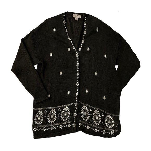 Vintage Extra Point Cardigan Sweater Size 3X Black Bling Rhinestones Snap Front - Picture 2 of 10